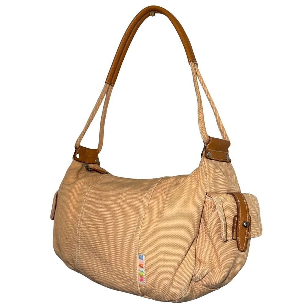 Y2K Fossil tan canvas shoulder bag with leather straps. Fossil 75082